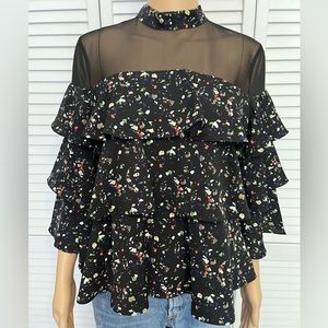 Pretty P. Luca Milano size S black multi print tiered shirt blouse NWT